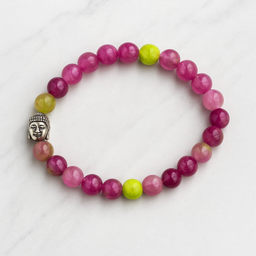 PINK & GREEN TOURMALINE HEALING BRACELET WITH SILVER BUDDHA BEAD.