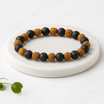 BLESSED RUDRAKSHA BRACELET WITH GROUNDING LAVA STONES.
