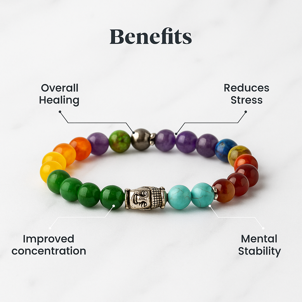 ENERGISED 7 CHAKRA UNISEX BRACELET WITH BUDDHA BEAD.