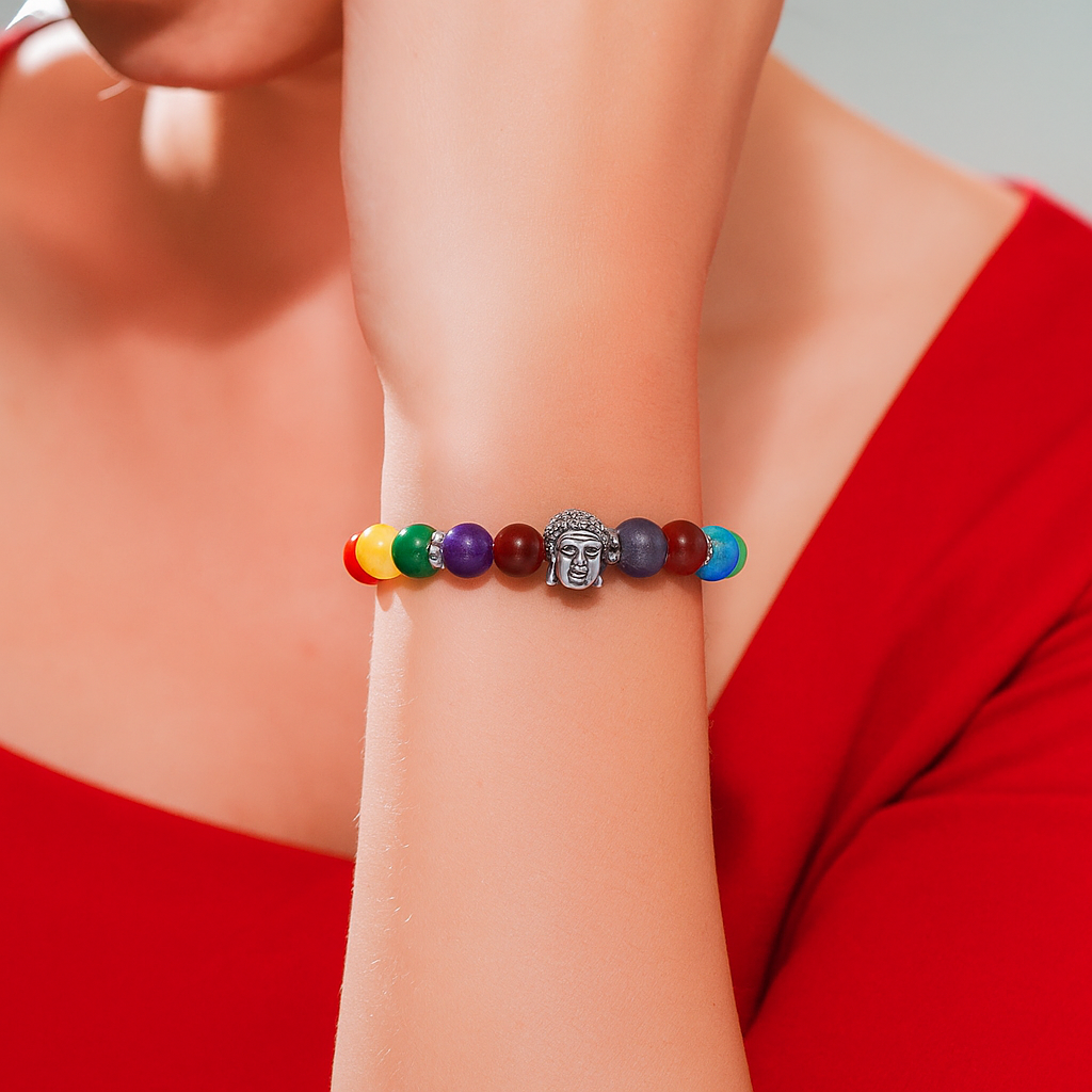 ENERGISED 7 CHAKRA UNISEX BRACELET WITH BUDDHA BEAD.