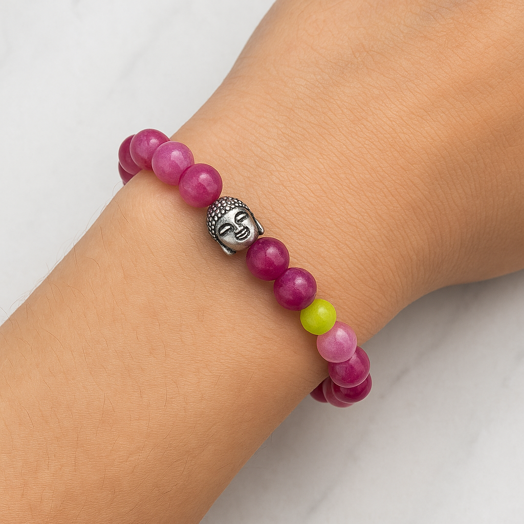 PINK & GREEN TOURMALINE HEALING BRACELET WITH SILVER BUDDHA BEAD.
