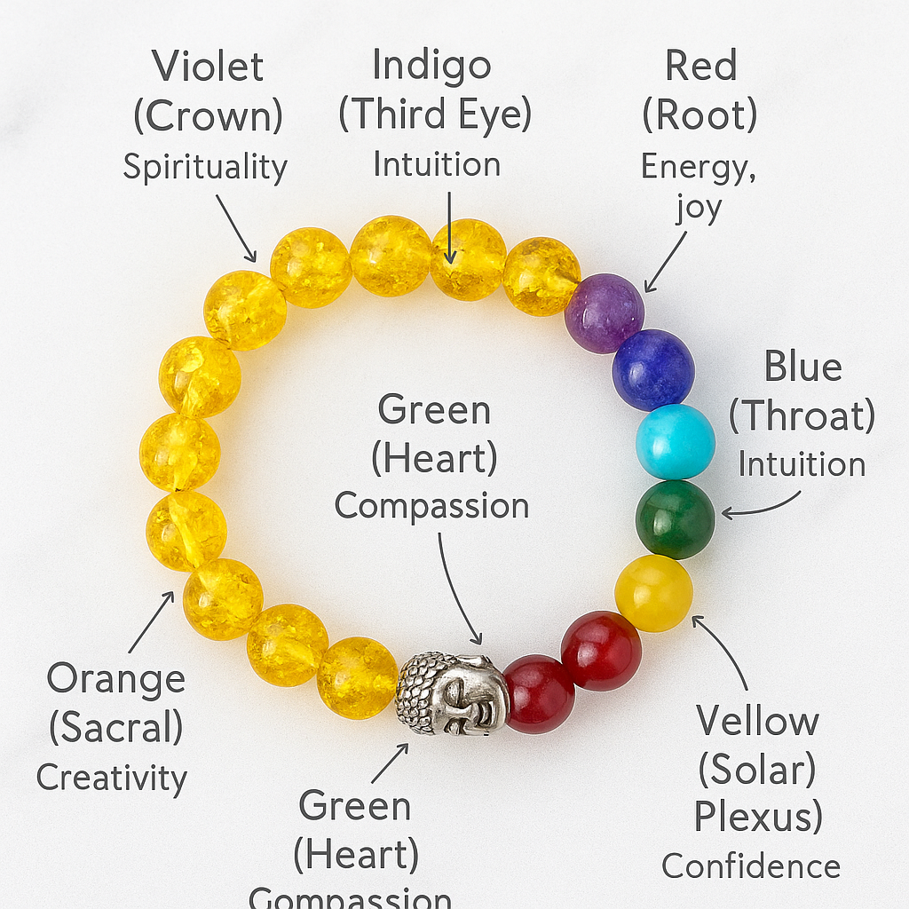 7 CHAKRA HEALING WITH YELLOW CITRINE AND BUDDHA BEAD BARCELET.