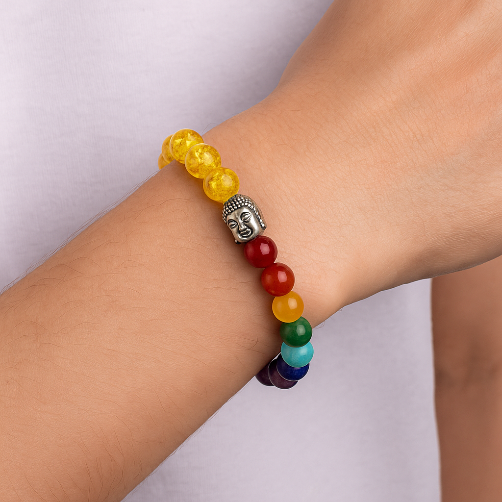 7 CHAKRA HEALING WITH YELLOW CITRINE AND BUDDHA BEAD BARCELET.