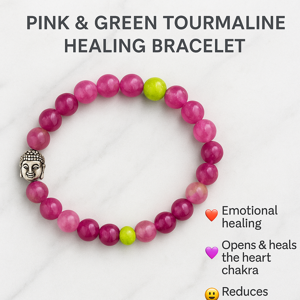 PINK & GREEN TOURMALINE HEALING BRACELET WITH SILVER BUDDHA BEAD.