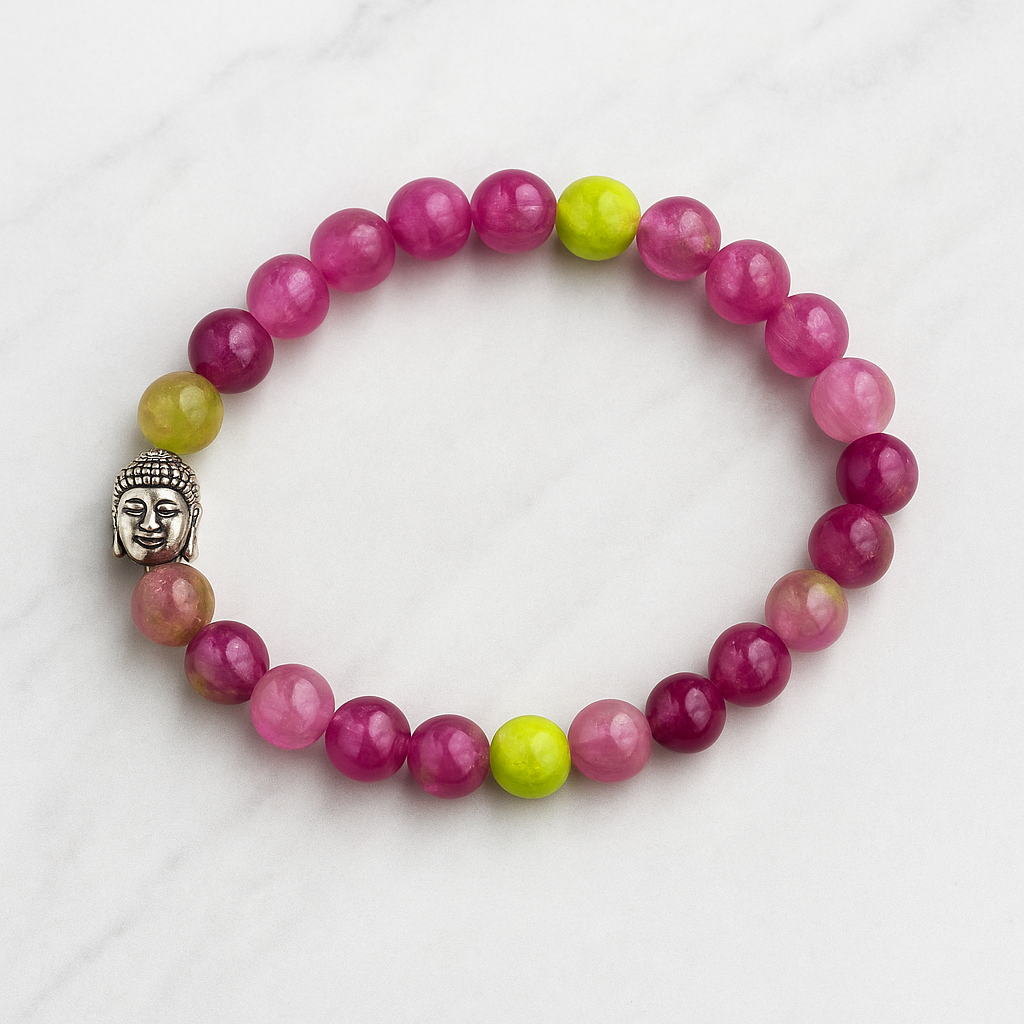 PINK & GREEN TOURMALINE HEALING BRACELET WITH SILVER BUDDHA BEAD.