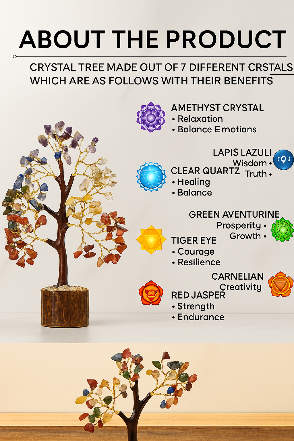 7 CHAKRA TREE STONES DECOR TREE, MONEY TREE FOR GOODLUCK - 10 INCHES.