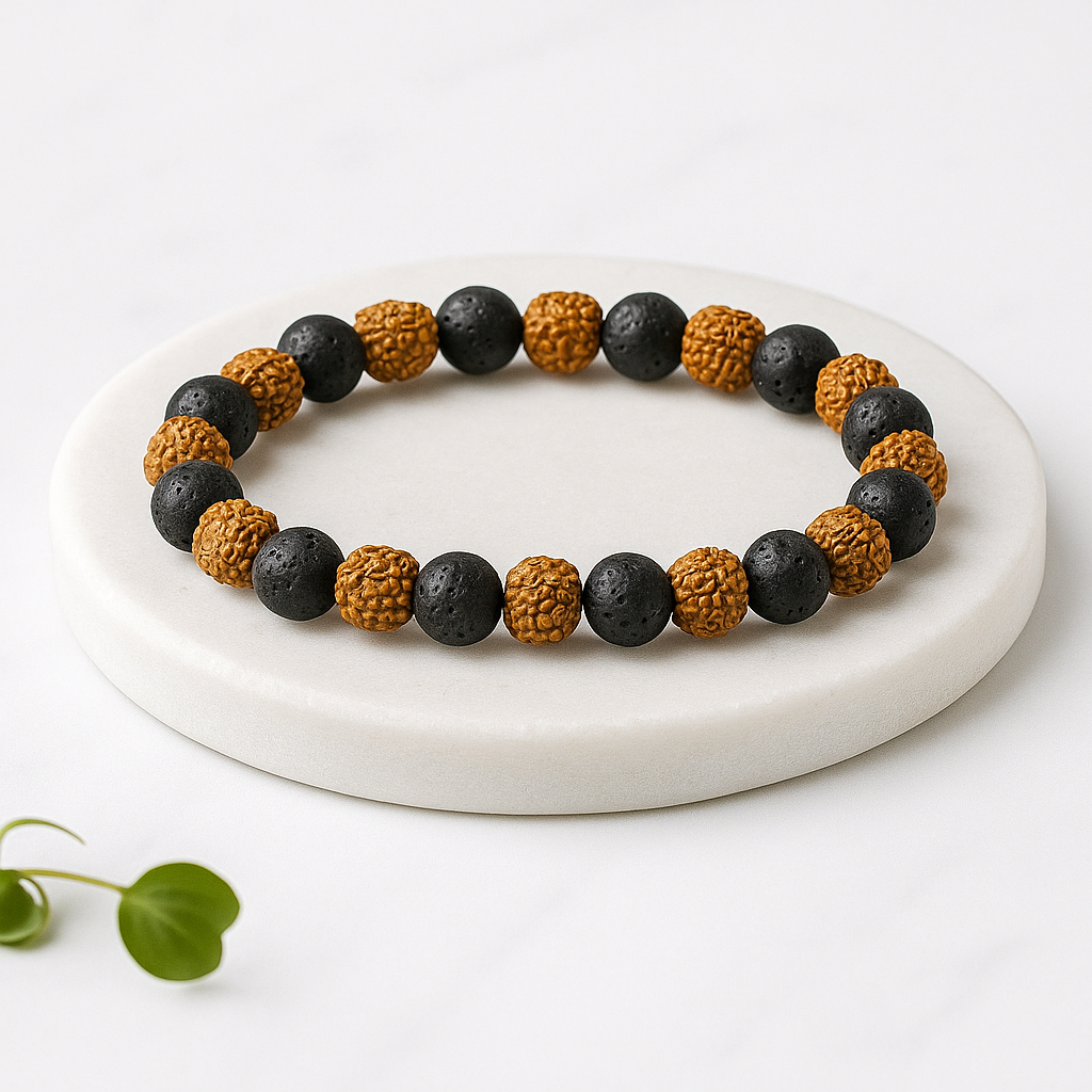 BLESSED RUDRAKSHA BRACELET WITH GROUNDING LAVA STONES.