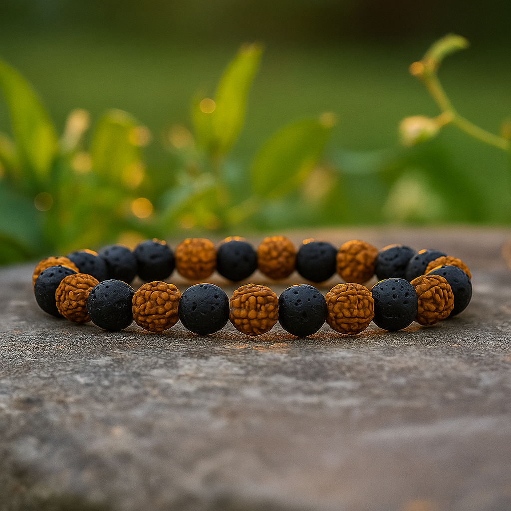 BLESSED RUDRAKSHA BRACELET WITH GROUNDING LAVA STONES.