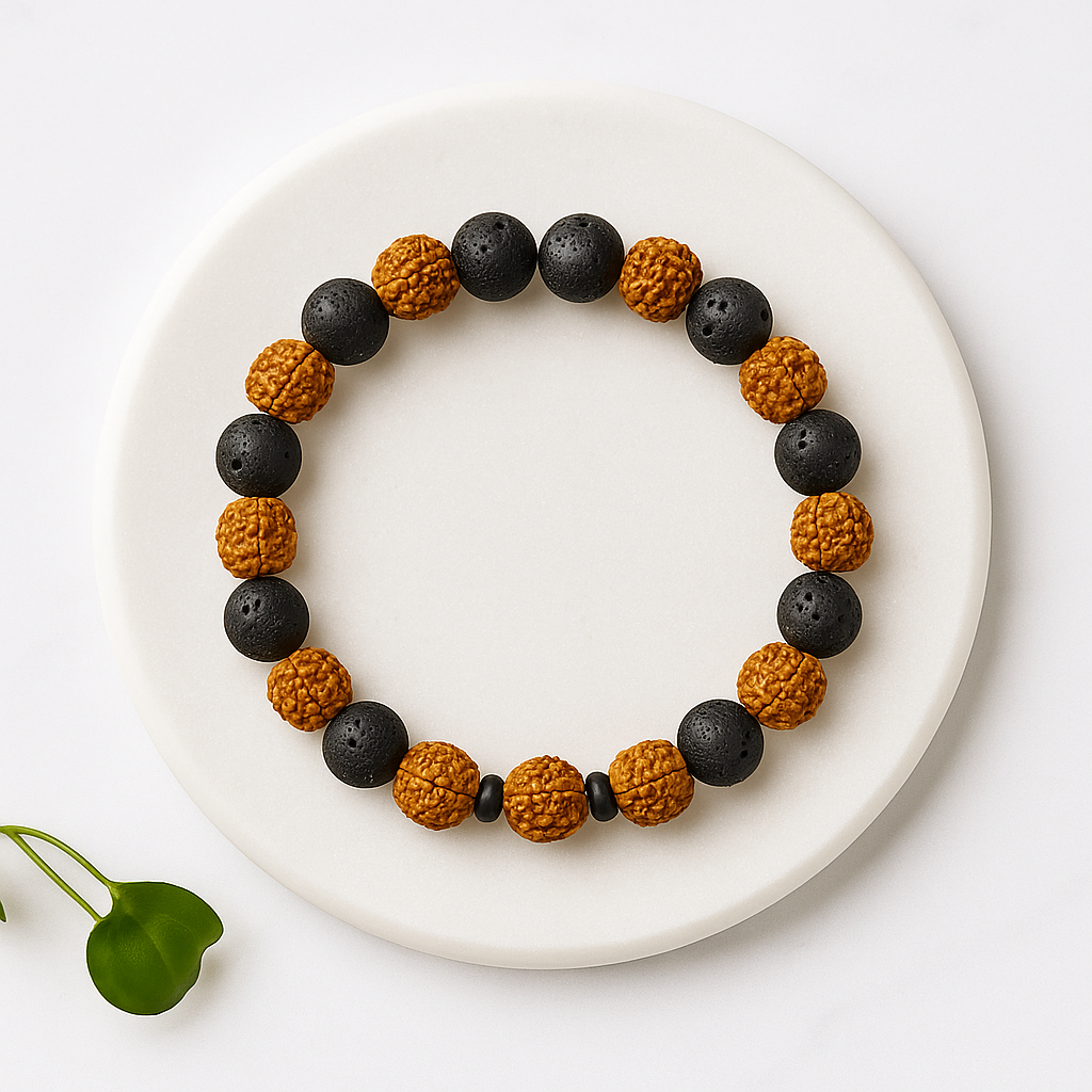 BLESSED RUDRAKSHA BRACELET WITH GROUNDING LAVA STONES.