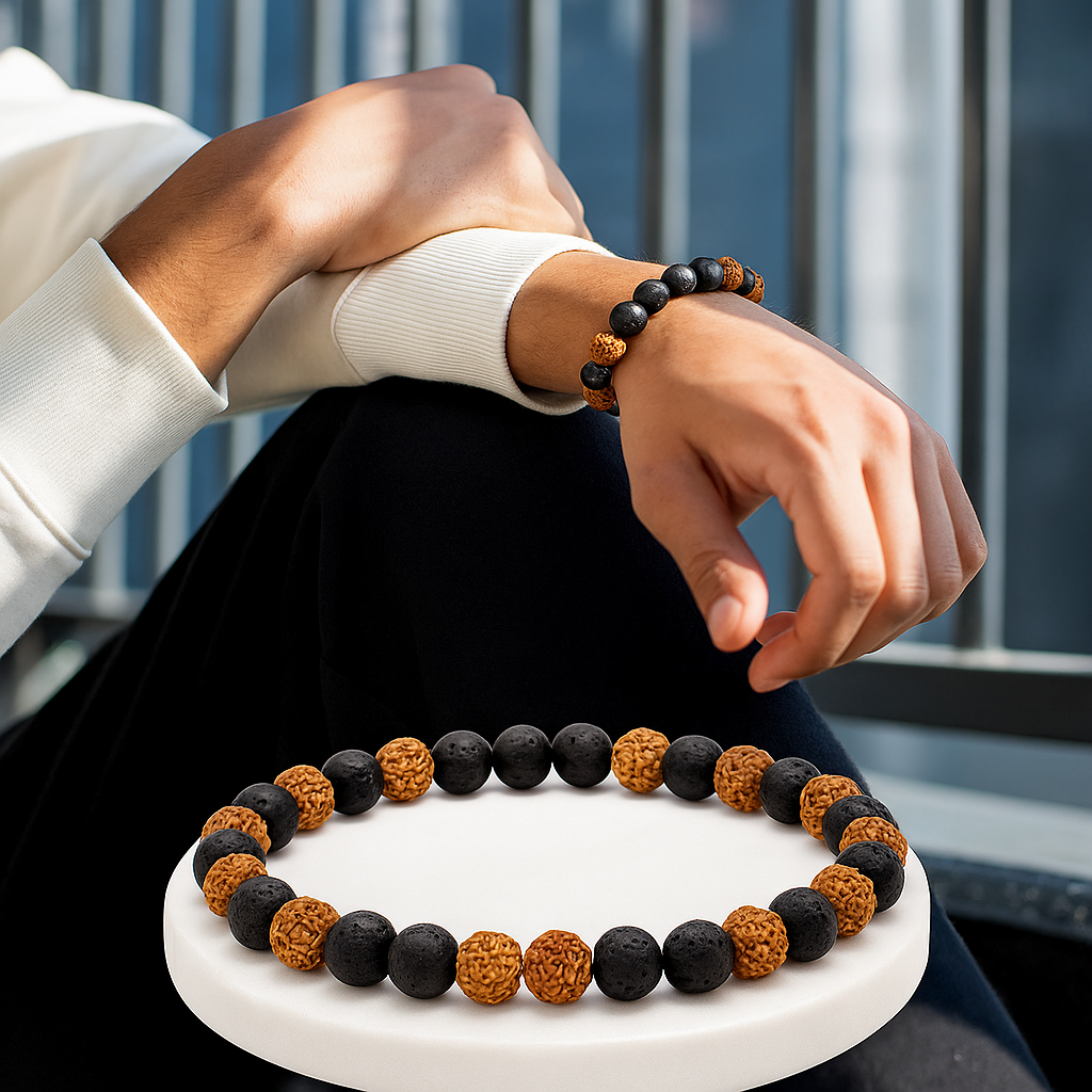 BLESSED RUDRAKSHA BRACELET WITH GROUNDING LAVA STONES.